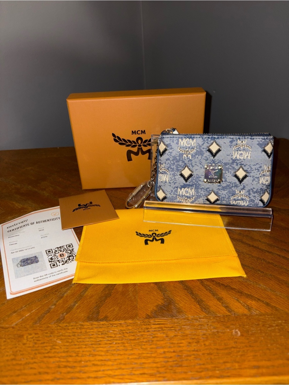 MCM Aren Zip Card Case Monogram Denim Jacquard Blue - Authentic